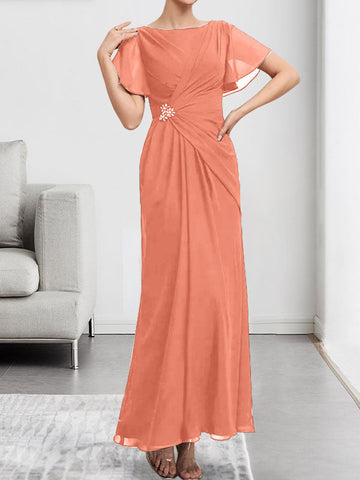 A-line Scoop Ankle-Length Chiffon Mother of the Bride Dress With Beading Pleated