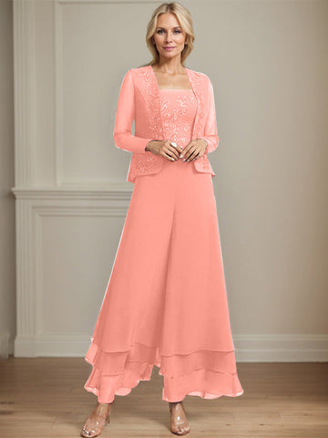 Separates Jumpsuit/Pantsuit Square Ankle-Length Lace Chiffon Mother of the Bride Dress With Sequins