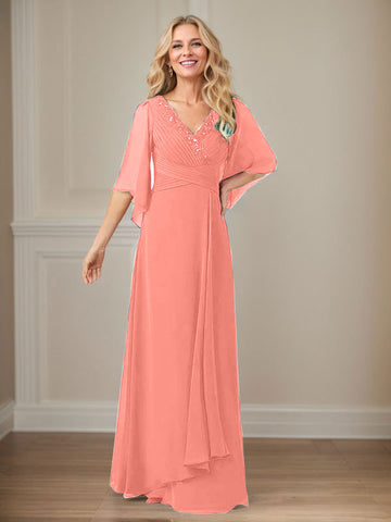 A-Line V-Neck Long Sequins Chiffon Mother Dress