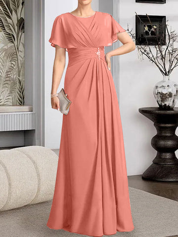 A-line Scoop Floor-Length Chiffon Mother of the Bride Dress With Pleated Beading
