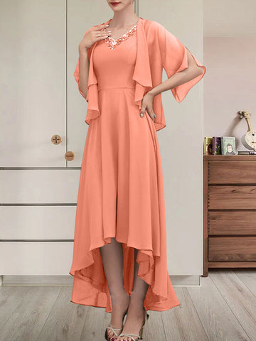 A-line V-Neck Asymmetrical Chiffon Mother of the Bride Dress With Beading Sequins