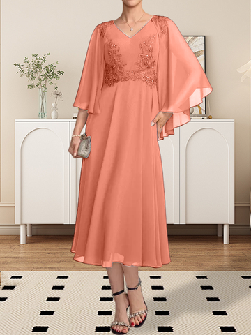 A-line V-Neck Tea-Length Chiffon Lace Mother of the Bride Dress With Beading Sequins