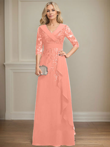 A-line Collared V-Neck Floor-Length Lace Chiffon Mother of the Bride Dress With Sequins Cascading Ruffles