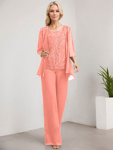 Separates Jumpsuit/Pantsuit Scoop Floor-Length Lace Chiffon Mother of the Bride Dress With Sequins