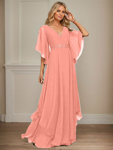 A-line V-Neck Floor-Length Chiffon Mother of the Bride Dress With Sequins Appliques Lace Beading