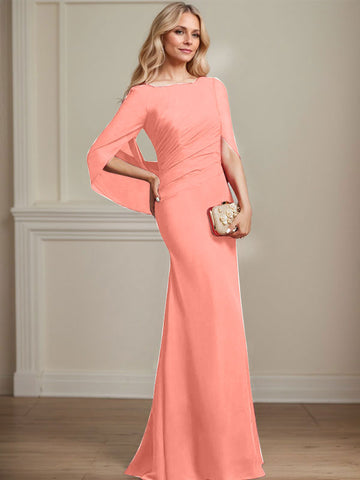 Trumpet/Mermaid Boat Neck Floor-Length Chiffon Mother of the Bride Dress With Pleated
