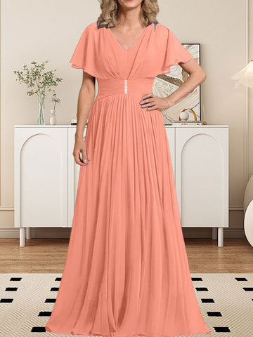 A-line V-Neck Floor-Length Chiffon Mother of the Bride Dress With Crystal Brooch Pleated