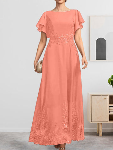A-line Scoop Ankle-Length Lace Chiffon Mother of the Bride Dress With Sequins