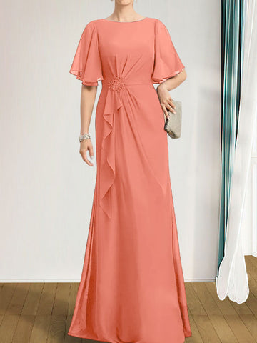 A-line Scoop Floor-Length Chiffon Mother of the Bride Dress With Cascading Ruffles Beading Sequins