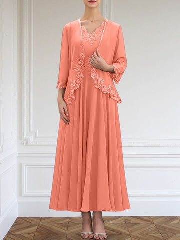 A-line V-Neck Ankle-Length Chiffon Mother of the Bride Dress With Sequins Appliques Lace Beading