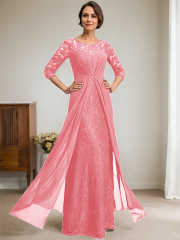 A-Line Scoop Illusion Floor-Length Lace Chiffon Mother Of the Bride Dress With Beading Ruffles