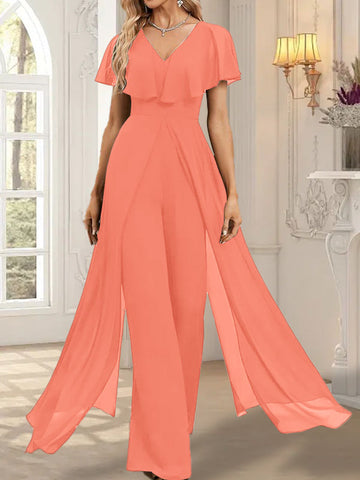 Jumpsuit/Pantsuit V-Neck Floor-Length Chiffon Evening Dress