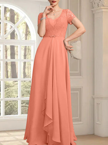 A-line Sweetheart Floor-Length Chiffon Lace Mother of the Bride Dress With Beading Cascading Ruffles