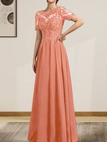 A-line Scoop Illusion Floor-Length Chiffon Lace Mother of the Bride Dress With Sequins Beading