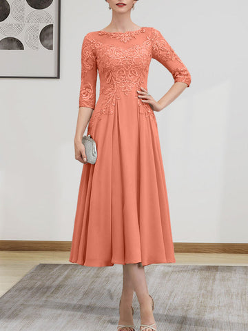 A-line Scoop Illusion Tea-Length Chiffon Lace Mother of the Bride Dress With Beading Sequins