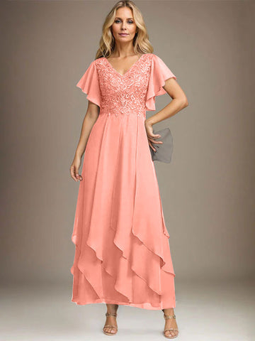 A-line V-Neck Ankle-Length Lace Chiffon Mother of the Bride Dress With Cascading Ruffles