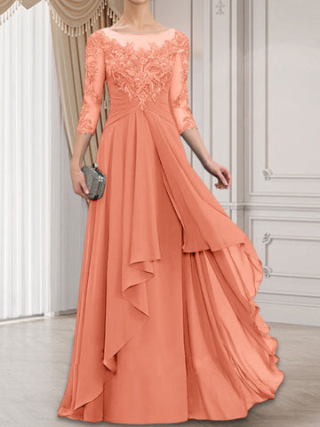 A-line Scoop Illusion Floor-Length Lace Chiffon Mother of the Bride Dress With Cascading Ruffles