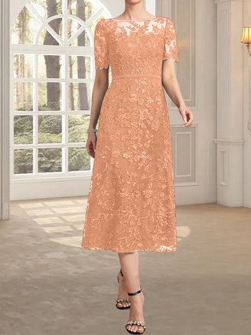 A-line Scoop Illusion Tea-Length Lace Mother of the Bride Dress With Sequins