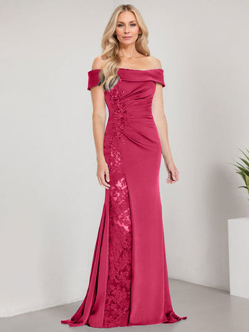 A-Line Off the Shoulder Floor-Length Mother of the Bride Dress Applique Beadings Mermaid Dress With  High Split