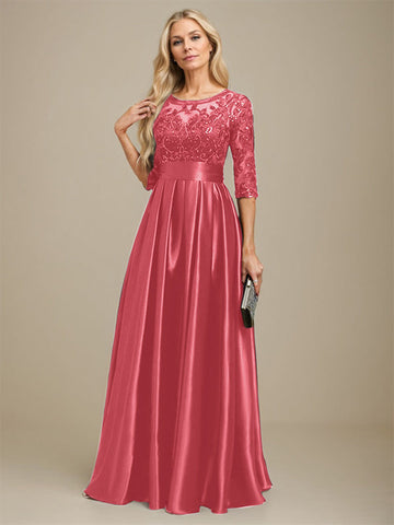 A-line Scoop Illusion Floor-Length Stretch Satin Lace Mother of the Bride Dress With Bow Sequins