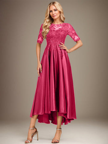A-line Scoop Illusion Asymmetrical Stretch Satin Lace Mother of the Bride Dress With Sequins