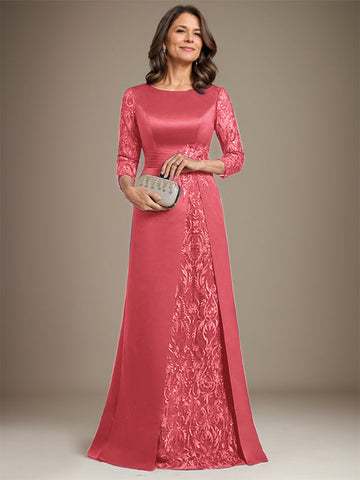 A-Line Scoop Floor-Length Lace Satin Mother Of the Bride Dress With Applique