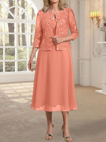 A-line Scoop Tea-Length Lace Chiffon Mother of the Bride Dress With Sequins