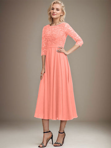 A-line Scoop Tea-Length Lace Chiffon Mother of the Bride Dress With Sequins