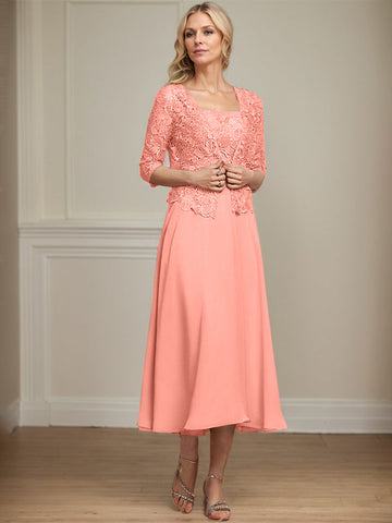 A-line Square Tea-Length Chiffon Lace Mother of the Bride Dress With Sequins Beading