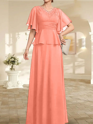 A-line V-Neck Floor-Length Chiffon Mother of the Bride Dress With Pleated Beading