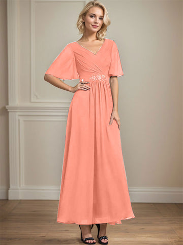 A-line V-Neck Ankle-Length Chiffon Mother of the Bride Dress With Pleated Beading Sequins