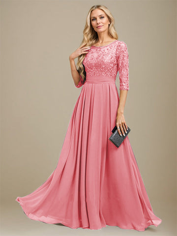 A-Line Scoop Floor-Length Lace Chiffon Mother Of the Bride Dress With Sequins Applique