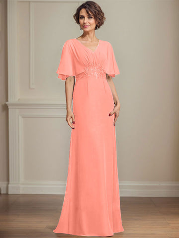 A-line V-Neck Floor-Length Chiffon Mother of the Bride Dress With Pleated Sequins Appliques Lace