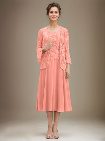 A-line Scoop Tea-Length Lace Chiffon Mother of the Bride Dress With Sequins