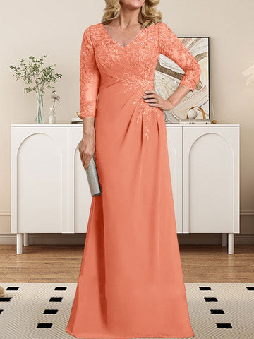 Sheath/Column V-Neck Illusion Floor-Length Lace Chiffon Mother of the Bride Dress With Pleated Sequins