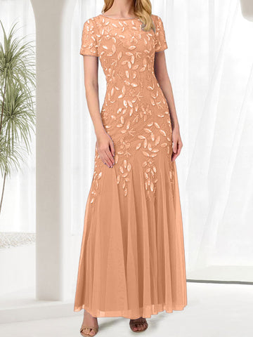 Vestido largo azul de sirena con cuello redondo para la madre de la novia con pedrería