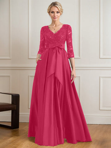 A-line V-Neck Floor-Length Satin Lace Mother of the Bride Dress With Sequins Bow