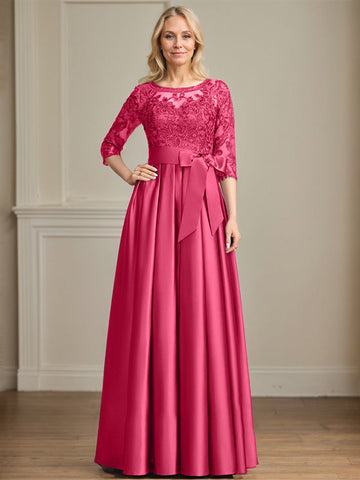 A-line Scoop Illusion Floor-Length Satin Lace Mother of the Bride Dress With Sequins Bow