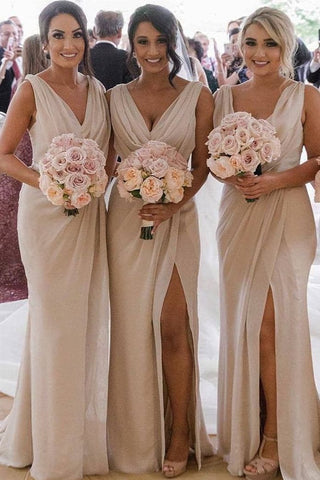 Nude Cowl Neck Bridesmaid Dress with Slit VMB33
