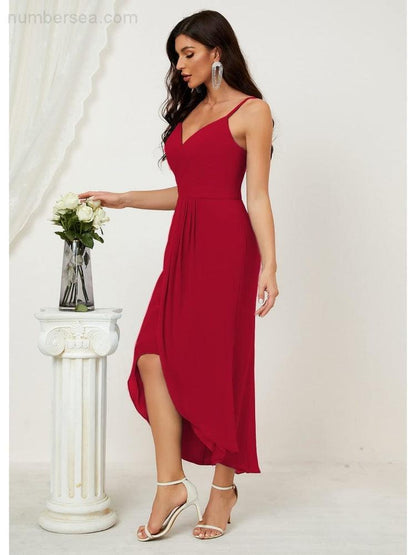 Spaghetti Chiffon V Neck Bridesmaid Dress Mid-Length Slit Formal Prom Dress Homecoming Dress 2803