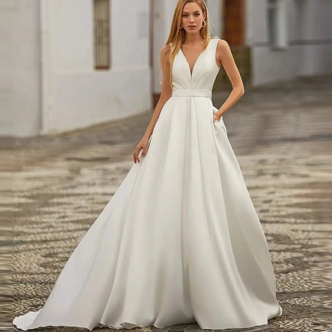 Custom Made Satin Wedding Dresses for Women Beach Boho Bride Gowns Simple Plus Size V-neck Princess Party Dress Pockates