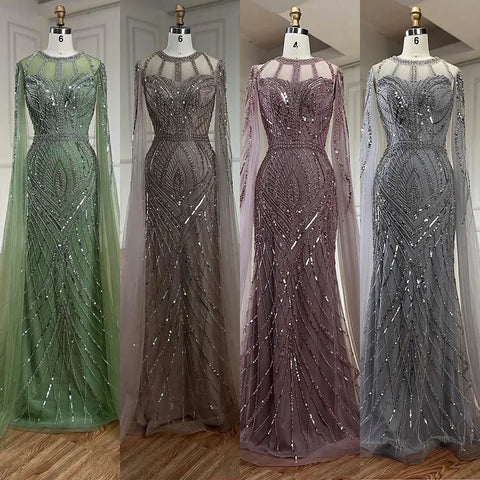 2025 Arabic Gray Mermaid Evening Dress With Beaded Elegant Cape Sleeves Gown For Formal Occasion LA72611
