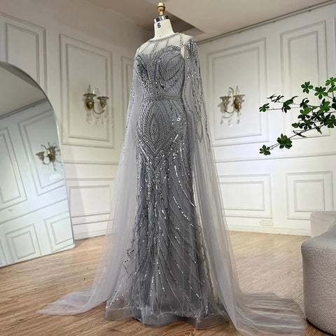 2025 Arabic Gray Mermaid Evening Dress With Beaded Elegant Cape Sleeves Gown For Formal Occasion LA72611