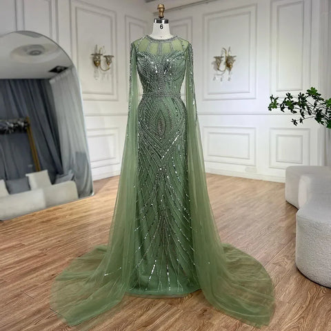 2025 Arabic Gray Mermaid Evening Dress With Beaded Elegant Cape Sleeves Gown For Formal Occasion LA72611