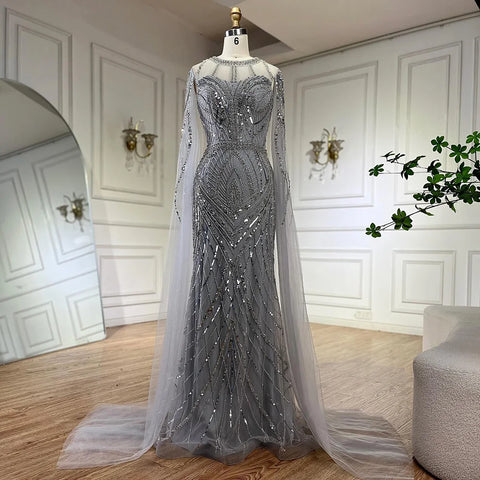 2025 Arabic Gray Mermaid Evening Dress With Beaded Elegant Cape Sleeves Gown For Formal Occasion LA72611