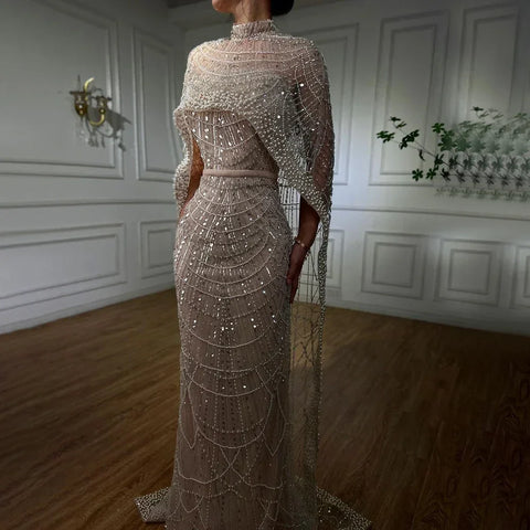 Arabia Nude Mermaid Long Cape Luxury Evening Dresses Gowns 2025 For Formal Occasion LA72032