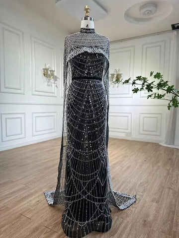 Arabia Nude Mermaid Long Cape Luxury Evening Dresses Gowns 2025 For Formal Occasion LA72032