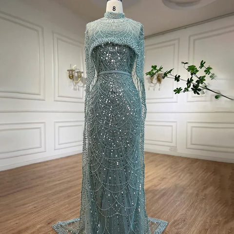 Arabia Nude Mermaid Long Cape Luxury Evening Dresses Gowns 2025 For Formal Occasion LA72032