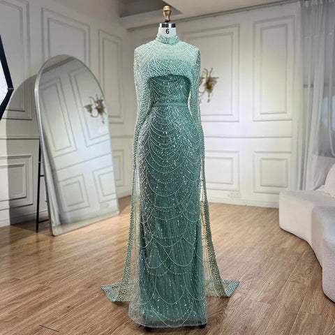 Arabia Nude Mermaid Long Cape Luxury Evening Dresses Gowns 2025 For Formal Occasion LA72032