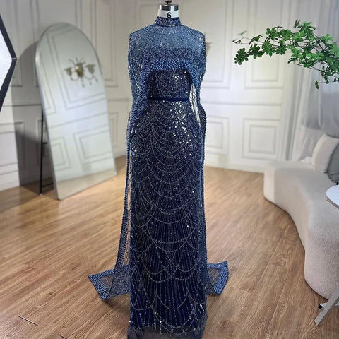 Arabia Nude Mermaid Long Cape Luxury Evening Dresses Gowns 2025 For Formal Occasion LA72032